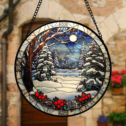 Stained Glass Window Hanging Christmas Tree Winter Snow Night Scenery 6.3" - Suncatcher Door Garden
