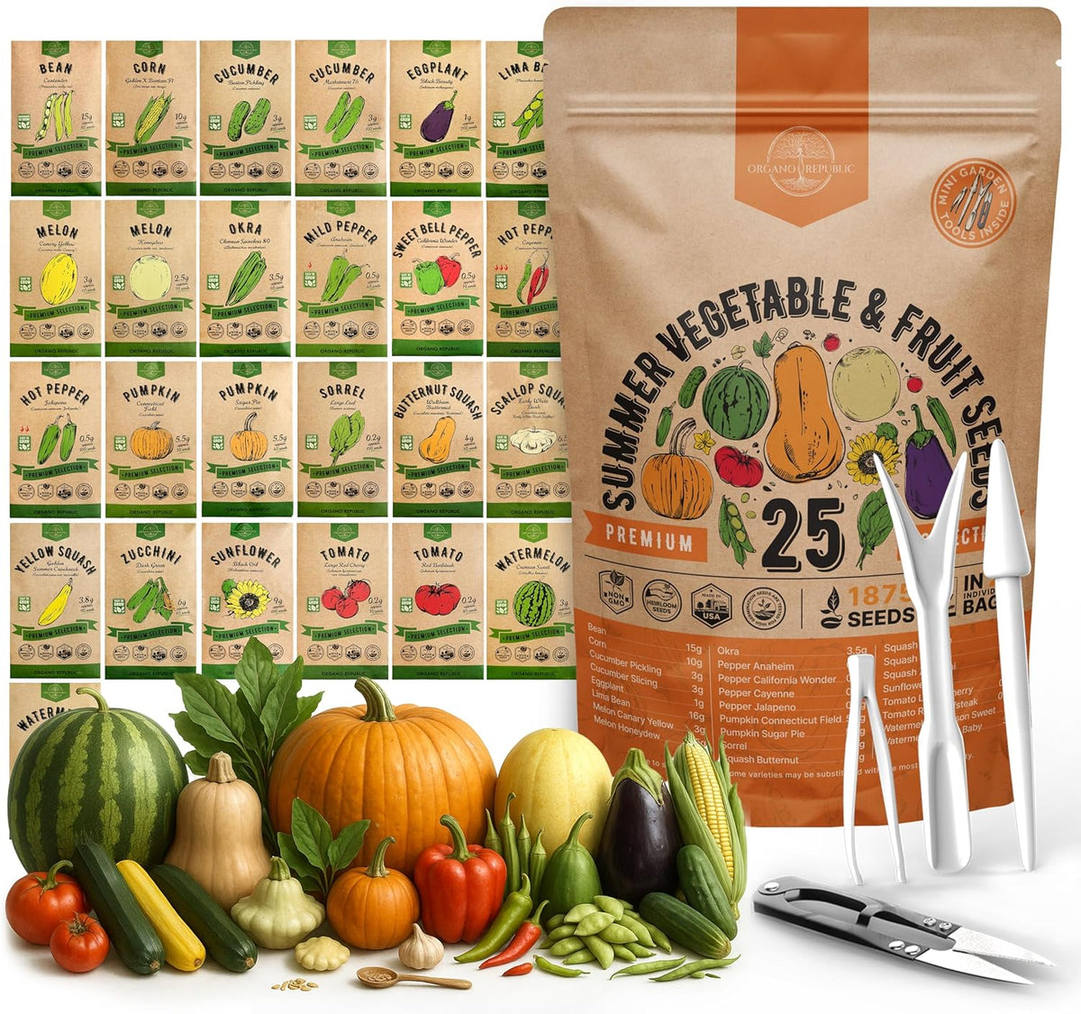 25 Summer Vegetable & Fruit Seeds Variety Pack - 1,870+ Non-GMO Heirloom Veggie & Fruits Seeds for