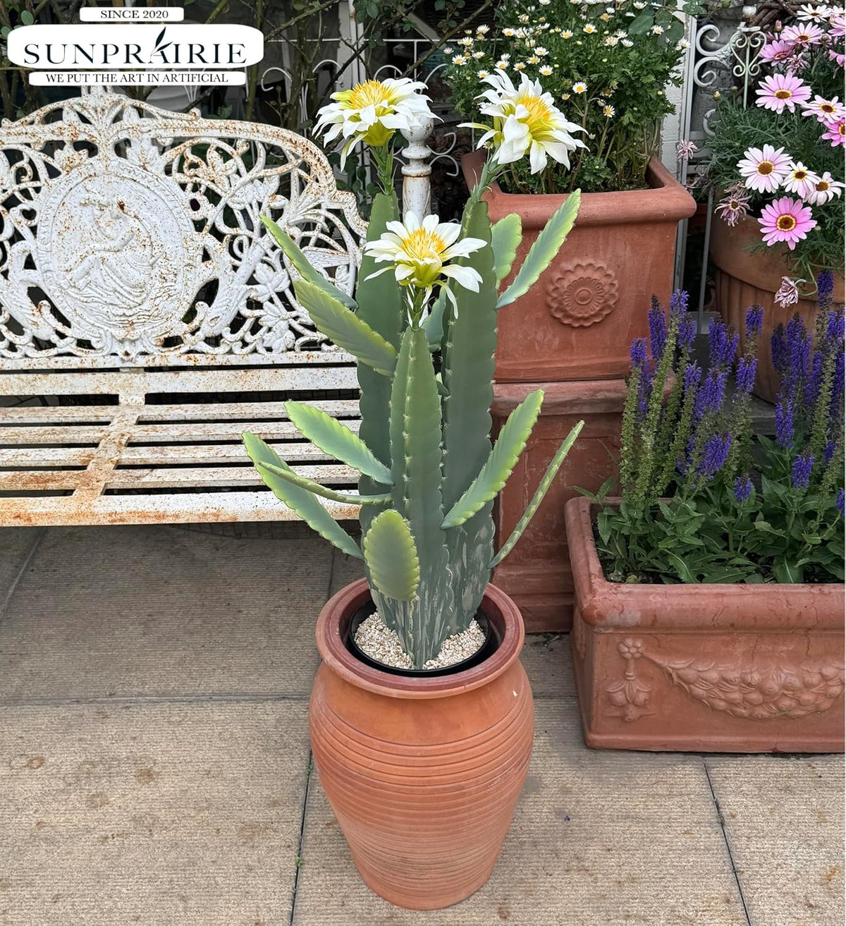 33 Inch Large Artificial Cactus with Lilly White Flowers in Pot with Natural Gravel. Satin Finish
