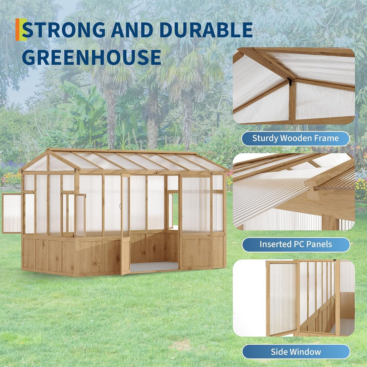 8X12 FT Heavy Duty Wooden Greenhouse for Outdoor - Walk-in Green House Kit with 6mm Polycarbonate