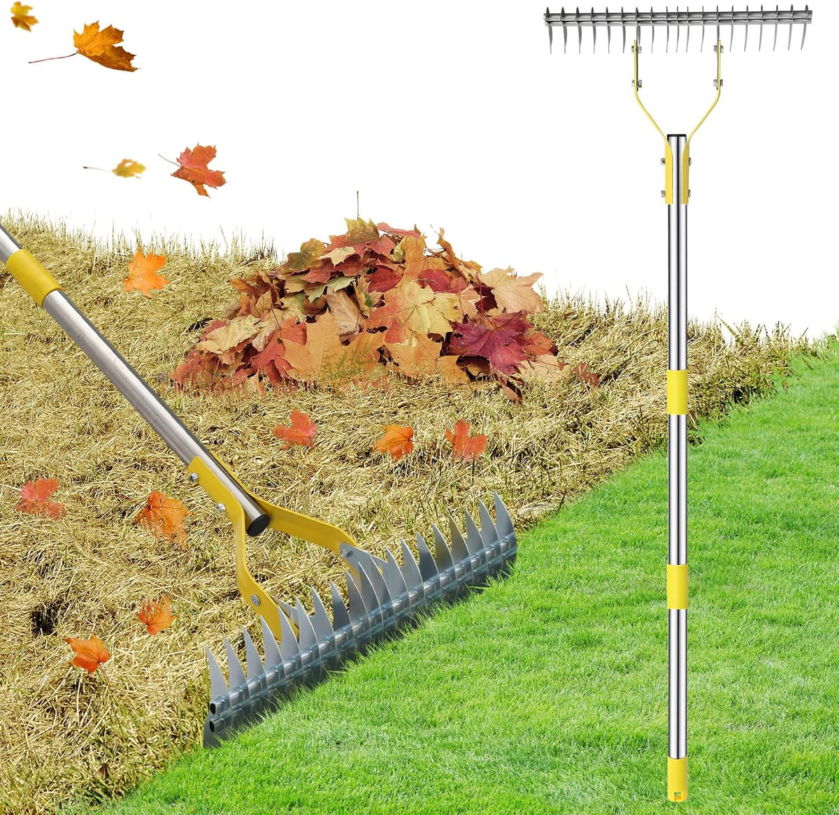 2 in 1 Rake: Stainless Steel Garden Rake for Leaves,Thatch,55” Heavy Duty 19 Tines Lawn Manual