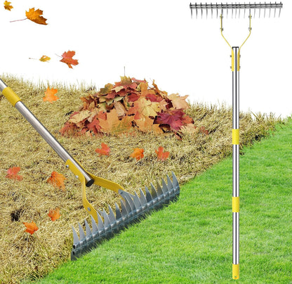 2 in 1 Rake: Stainless Steel Garden Rake for Leaves,Thatch,55” Heavy Duty 19 Tines Lawn Manual