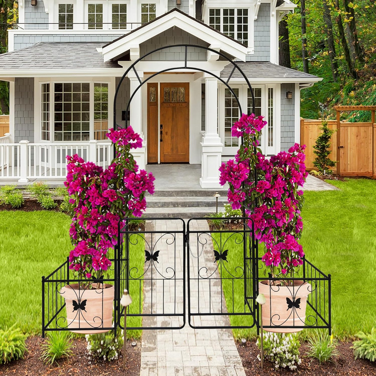 Metal Garden Arch with Gate and 2 Plant Stands, Garden Arch Trellis for Climbing Plants Outdoor