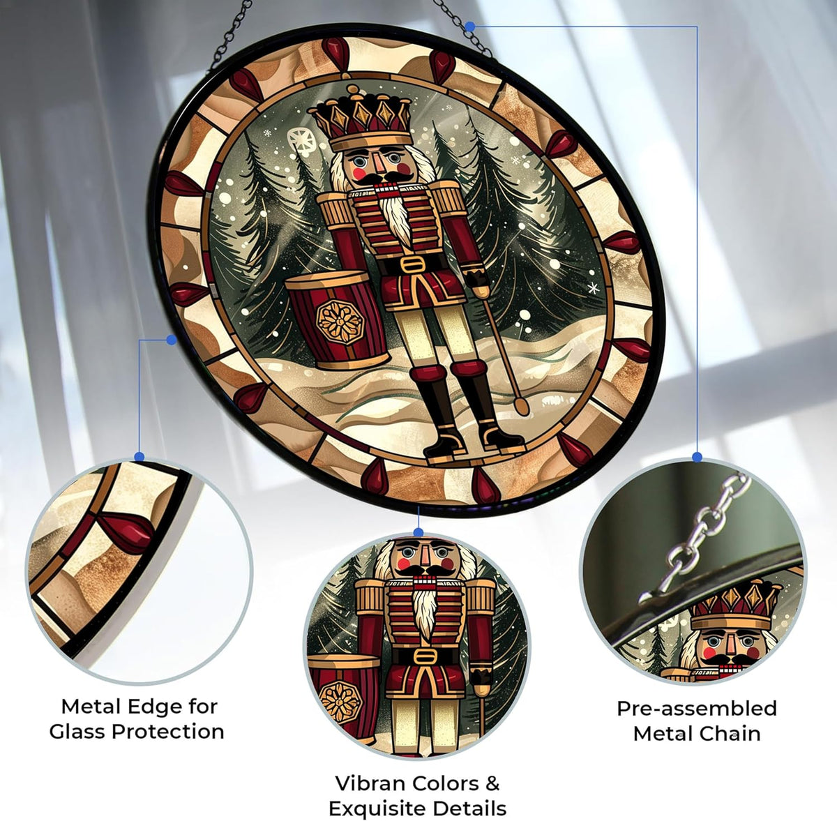 Christmas Wooden Nutcracker Stained Glass Suncatcher Window Hangings, Stained Glass Panel Sun