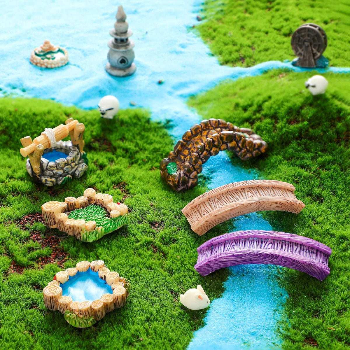 Jetec 12 Pcs Garden Accessories Miniature Bridge Mini Lighthouse Water Well Bridge Figurines Pond