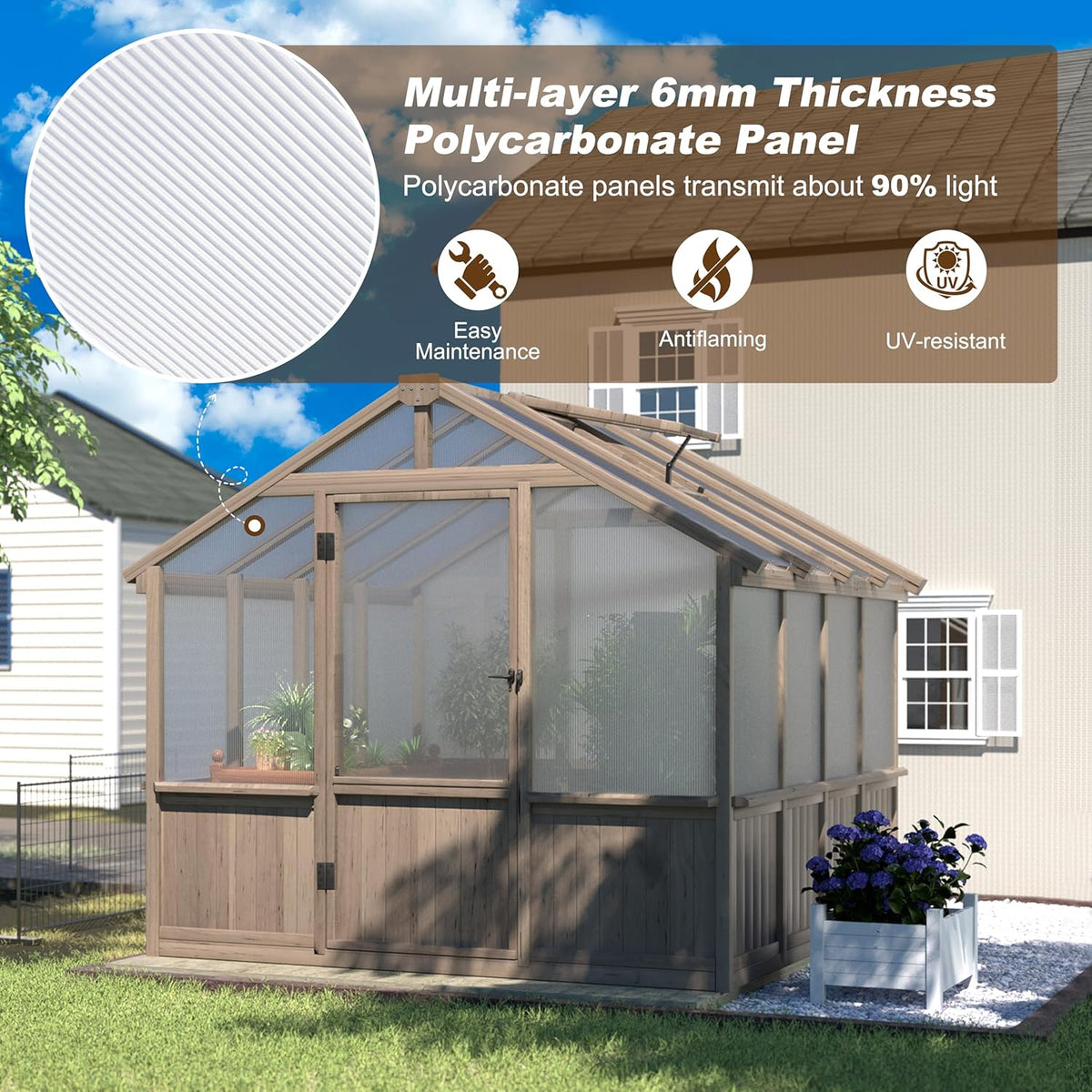 MUPATER 8' x 8' Wooden Polycarbonate Greenhouse with Ventilated Window & Lockable Door, 6mm