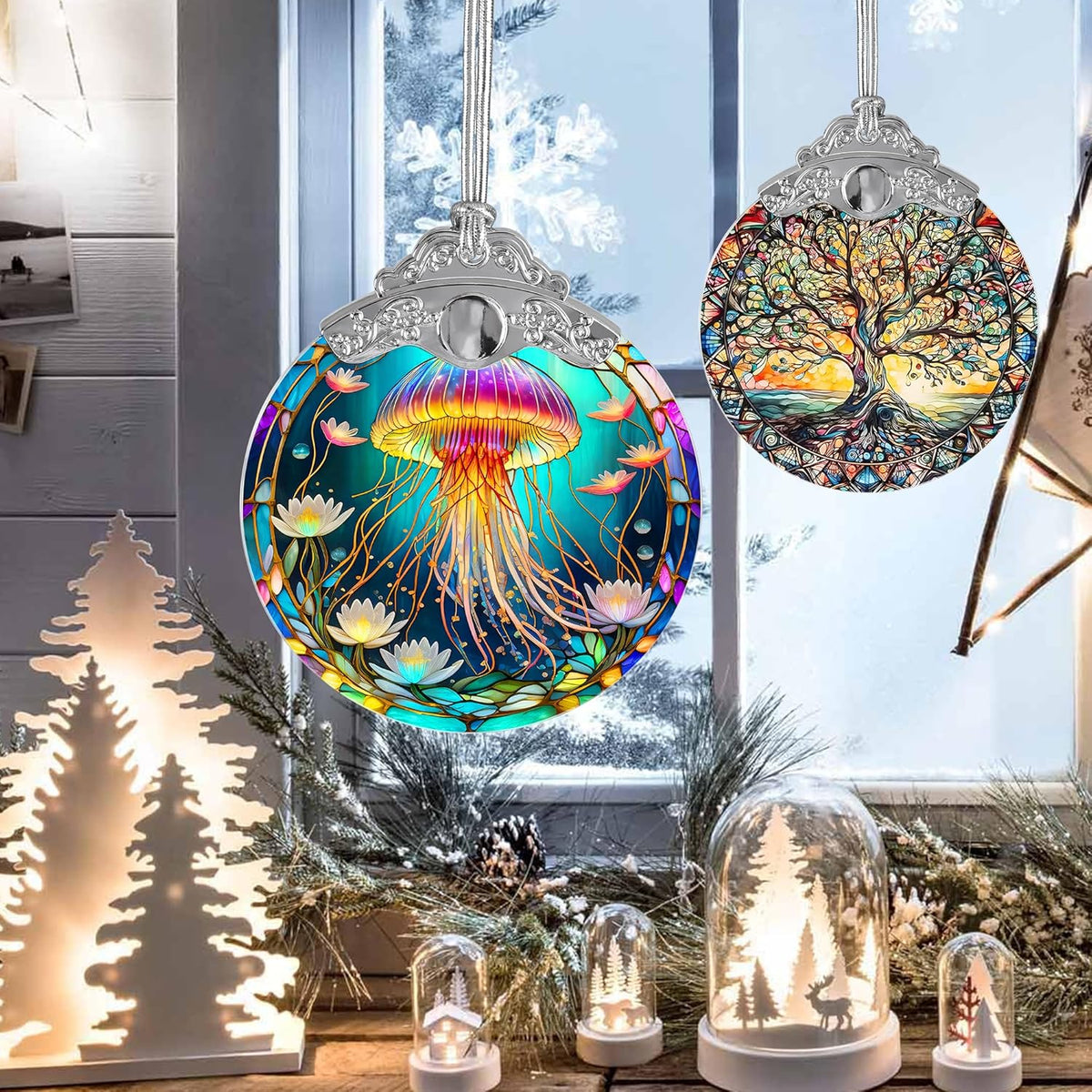 Stained Glass Suncatcher, Jellyfish Ornament for Christmas Tree, Holidays Decor, Home Decoration