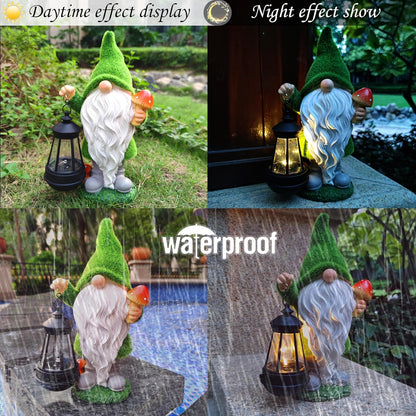 Gnomes Solar Garden Statues,Resin Gnome Figurine Decorations Holding Mushroom and Solar Lights
