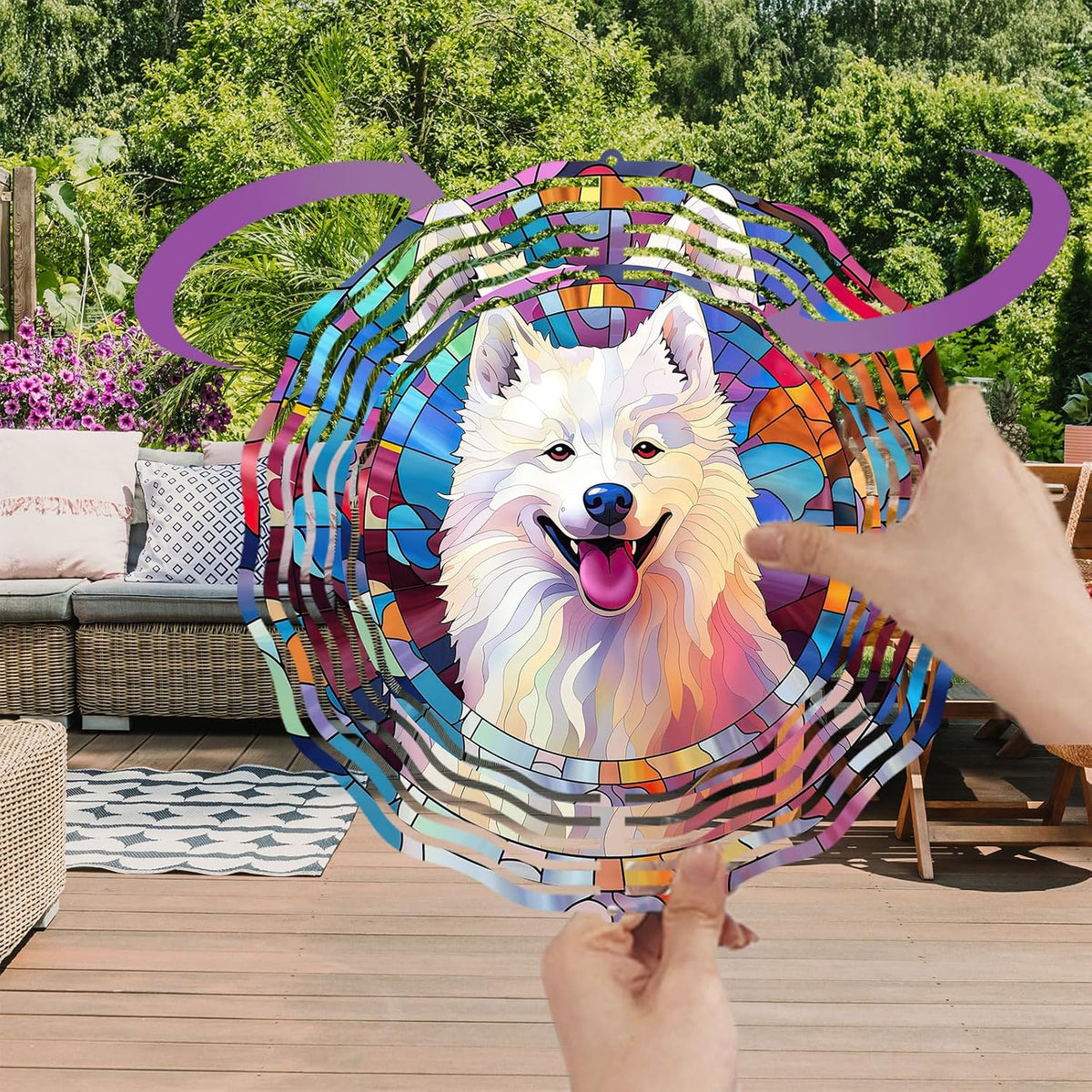 Samoyed Wind Spinner Pet Dog Memorial Gifts 3D Aluminum Metal Kinetic Hanging Wind Sculpture