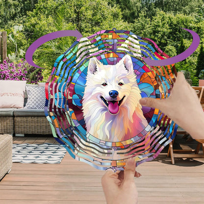 Samoyed Wind Spinner Pet Dog Memorial Gifts 3D Aluminum Metal Kinetic Hanging Wind Sculpture