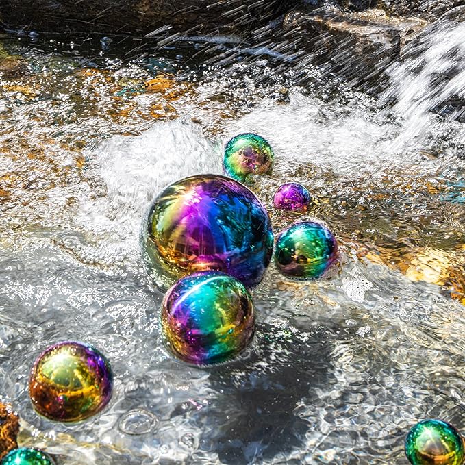yarlung Set of 10 Stainless Steel Rainbow Gazing Balls, 50-150 mm Garden Mirror Globe Floating Pond
