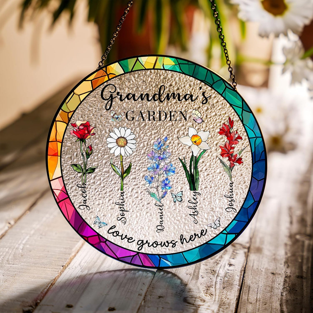 LOVELYPOD Custom Grandma Birth Flowers Stained Glass Window Sun Catcher, Grandmas Garden Sun