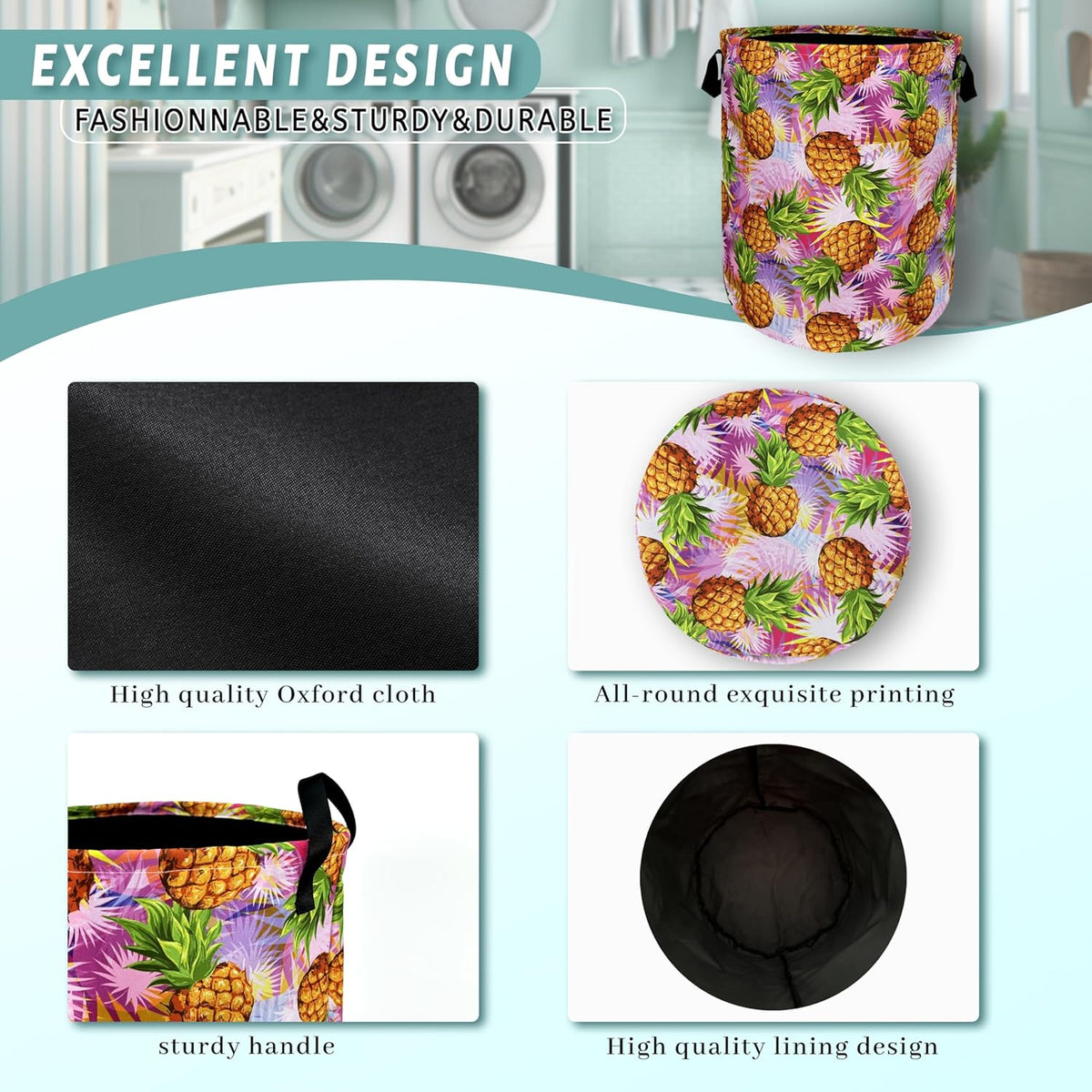 Tropical Pineapples Laundry Basket Foldable With Handles Palm Leaves Tote Bag Oxford Cloth Colorful