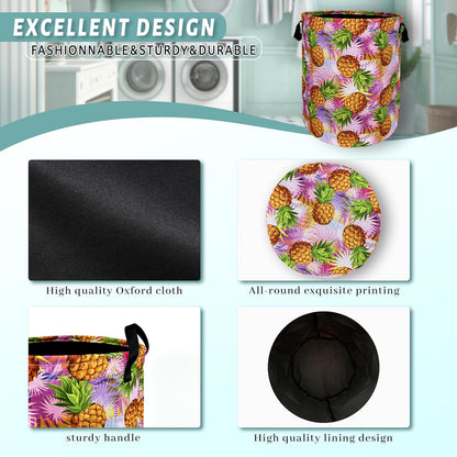 Tropical Pineapples Laundry Basket Foldable With Handles Palm Leaves Tote Bag Oxford Cloth Colorful