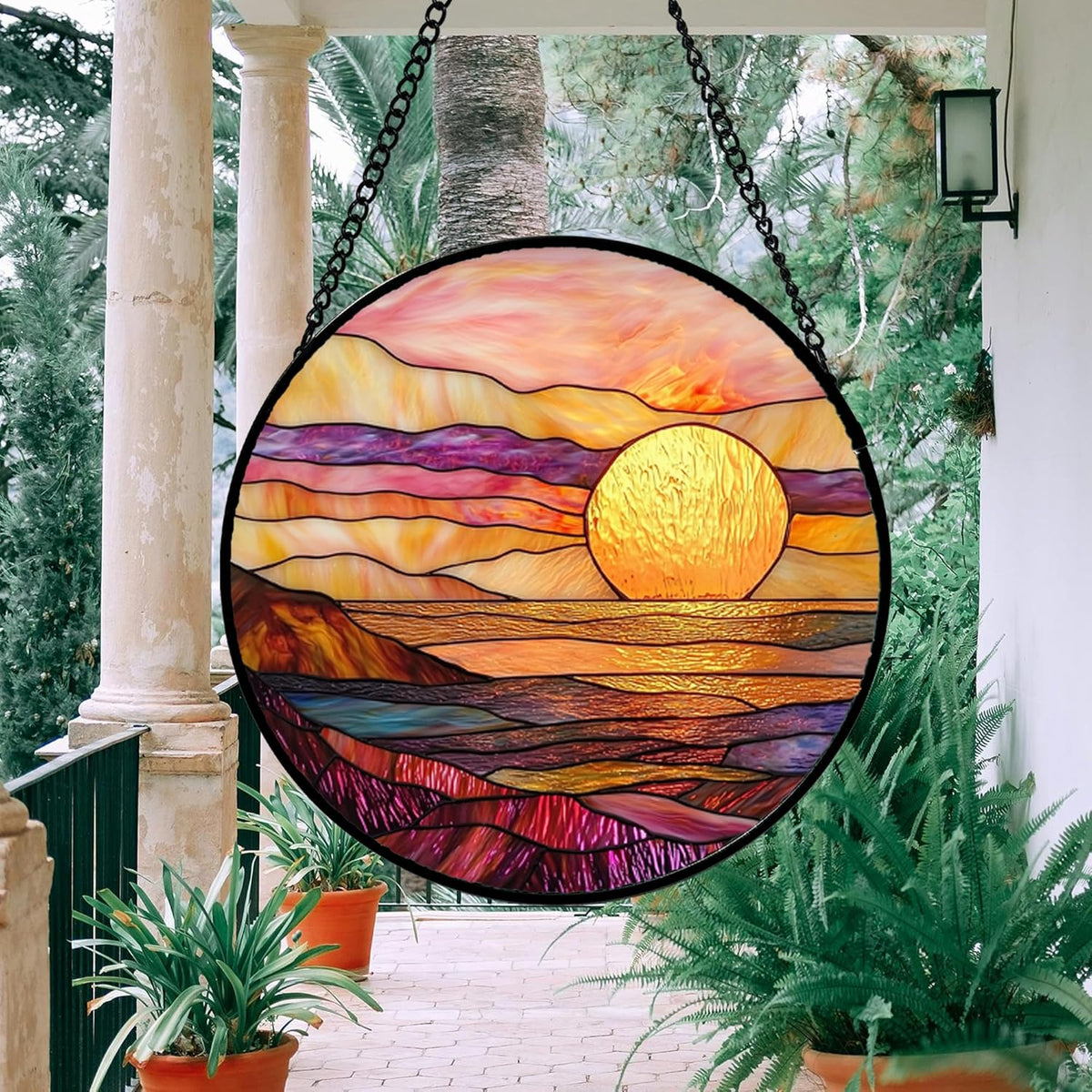 Stained Glass Window Hanging, Sparkling Sea Suncatcher Diamond Glass Panel Hangings Scenery Sun