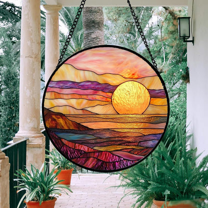 Stained Glass Window Hanging, Sparkling Sea Suncatcher Diamond Glass Panel Hangings Scenery Sun