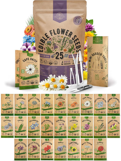 Organo Republic 25 Edible Flower Seeds Variety Pack for Indoor Outdoor Gardening - 8,000+ Non-GMO