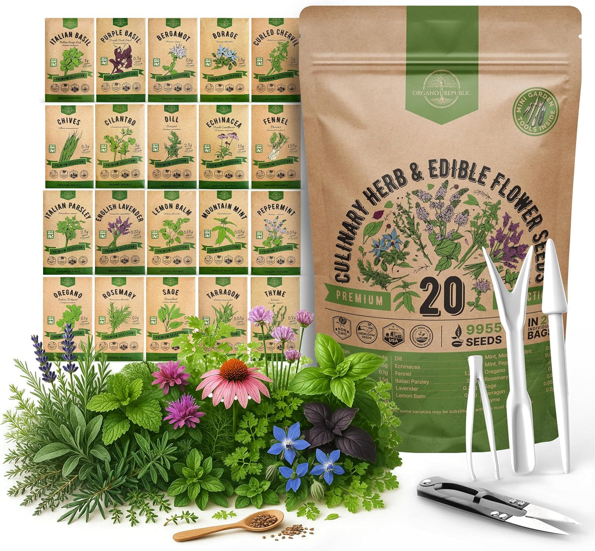 20 Culinary Herbs & Edible Flower Seed Variety Pack for Planting Indoor & Outdoors. 9500+ Non-GMO