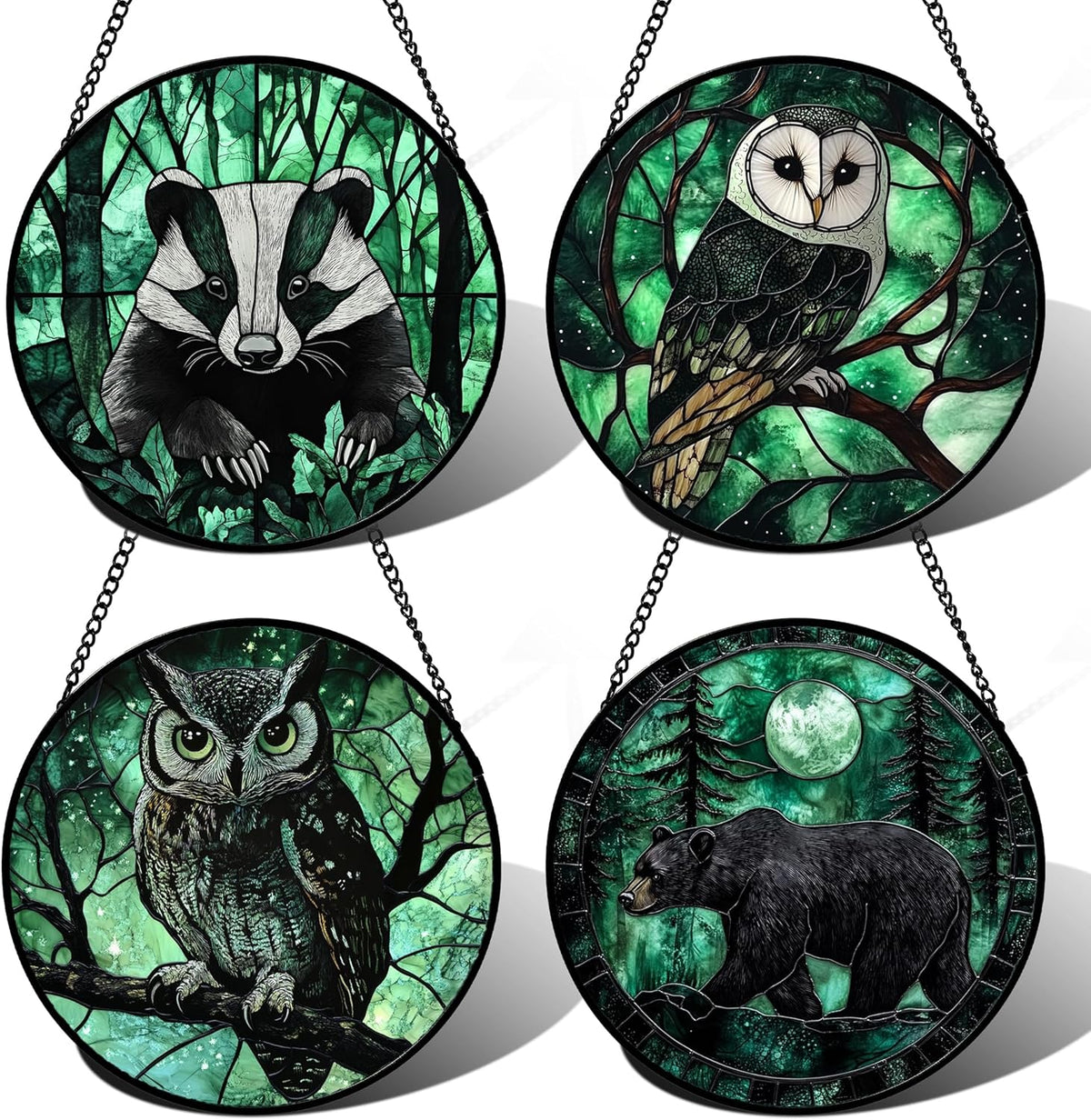 Stained Glass Window Hanging 4 Pcs Set Green Forest Night Sky Wildlife 6.3" - Suncatcher Door
