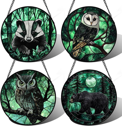 Stained Glass Window Hanging 4 Pcs Set Green Forest Night Sky Wildlife 6.3" - Suncatcher Door