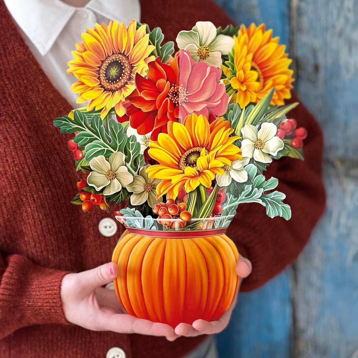 Freshcut Paper Pop Up Cards, Pumpkin Harvest, 12 Inch Life Sized Forever Flower Bouquet 3D Popup