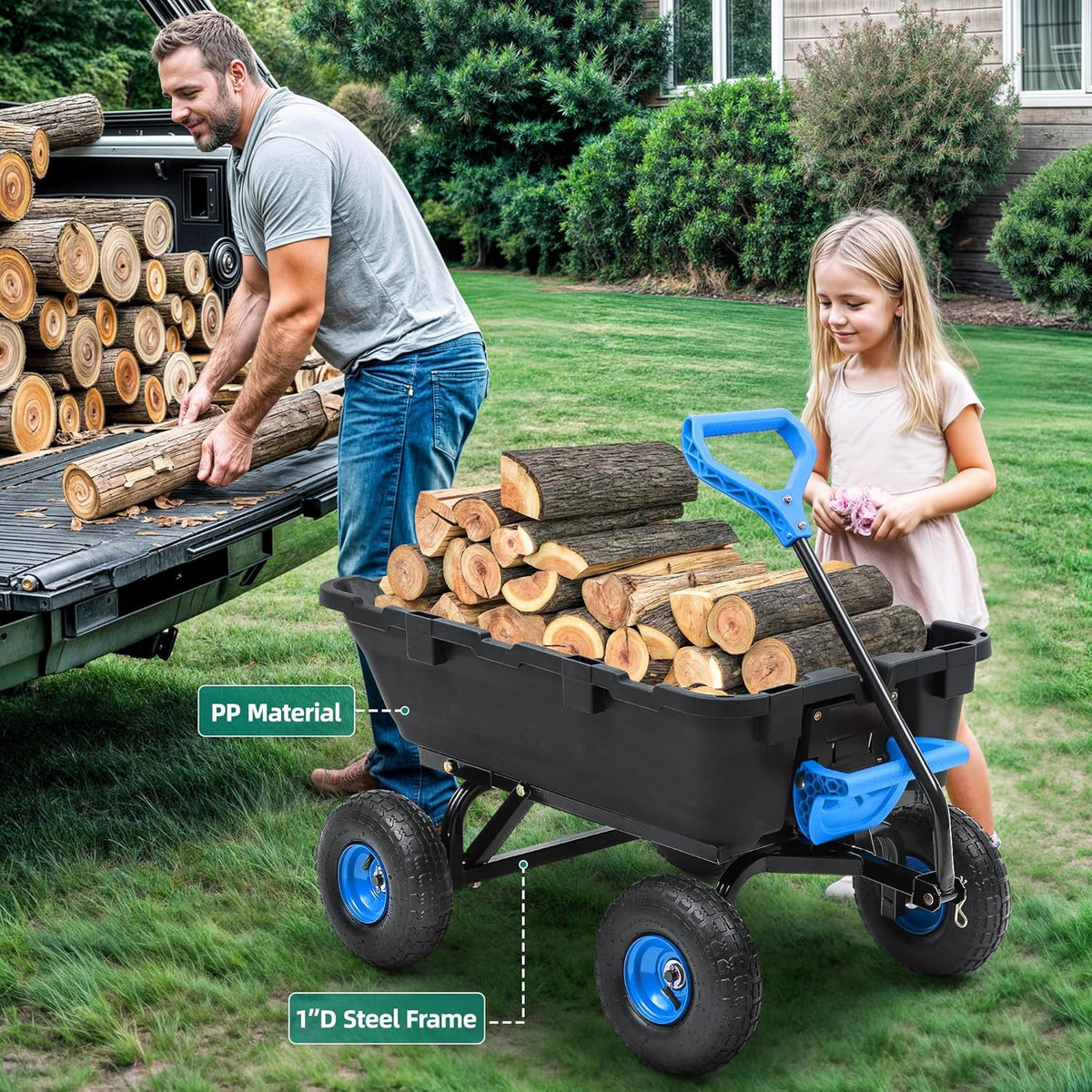 800lb Garden Dump Cart, Heavy Duty Wheelbarrow Dump Wagon with 4 Wheels&Quick-Release Dumping