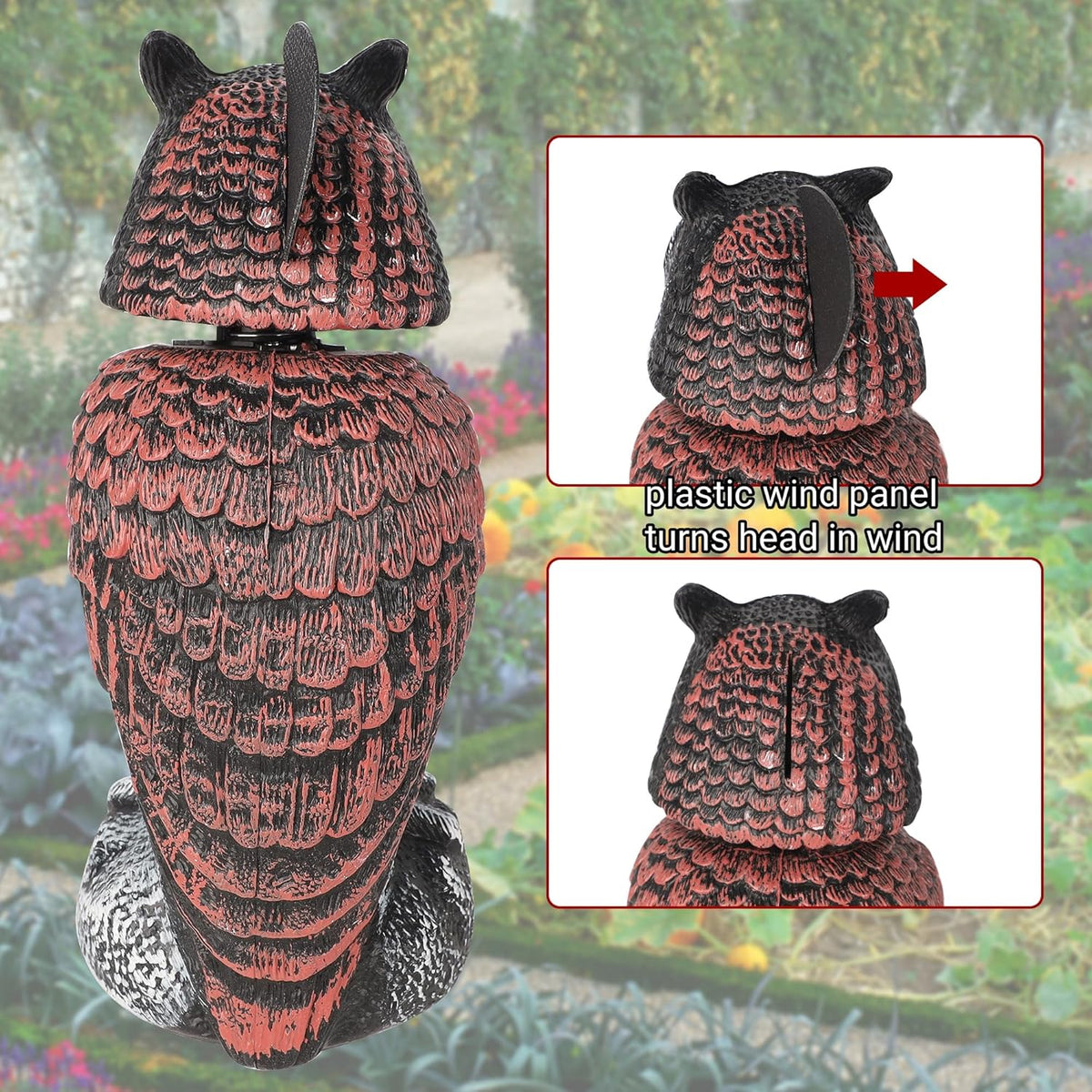 Hausse 2 Pack Bird Scarecrow Fake Owl Decoy Sculpture, Rotating Head Plastic Owl Bird Deterrents