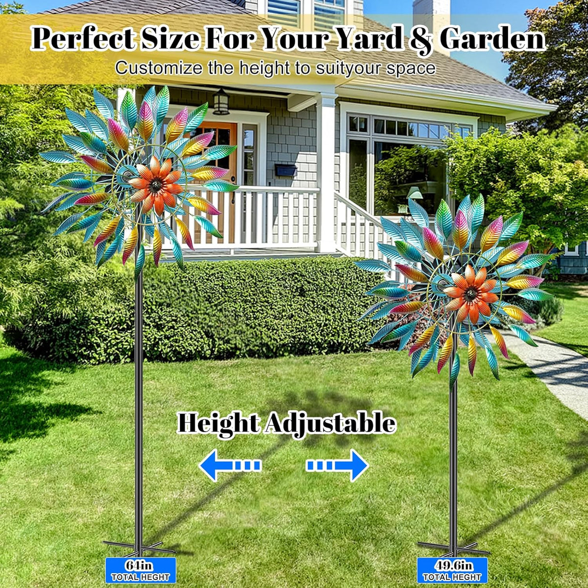 64in Wind Spinners Outdoor, Garden Wind Spinner Windmill with 5 Prong Base Stand, Metal Pinwheels