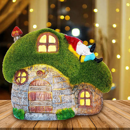 ILLUMINEW House Garden Statues with Solar Lights, LED Cute Flocked Fairy House with Gnomes Garden