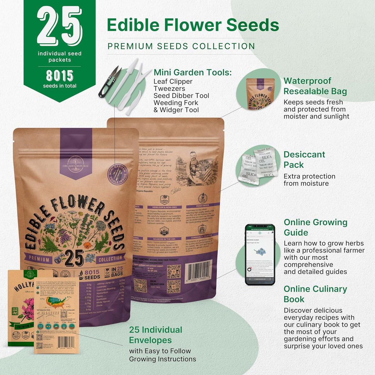 Organo Republic 25 Edible Flower Seeds Variety Pack for Indoor Outdoor Gardening - 8,000+ Non-GMO