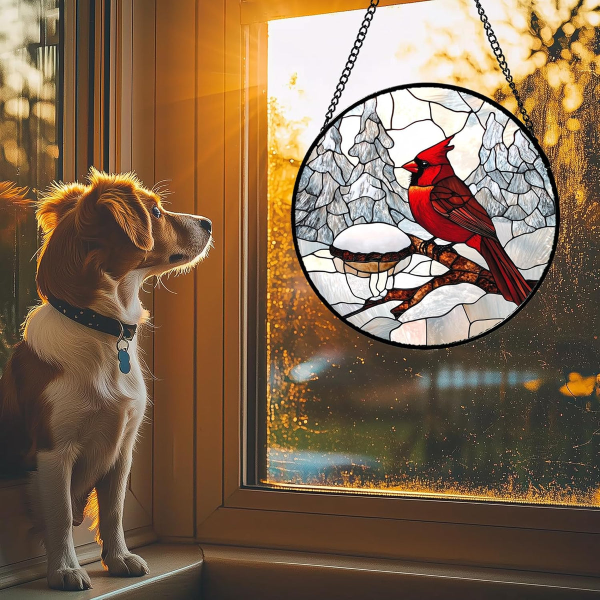 Stained Glass Window Hanging Cardinal Bird Winter Snow Scene Large 11.8" - Suncatcher Door Garden