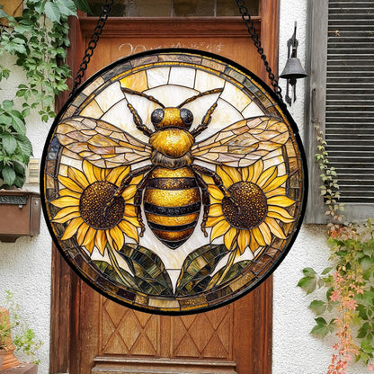 Stained Glass Window Hanging - Bee Sunflower Yellow Suncatcher Ready to Hang Window Doors Home