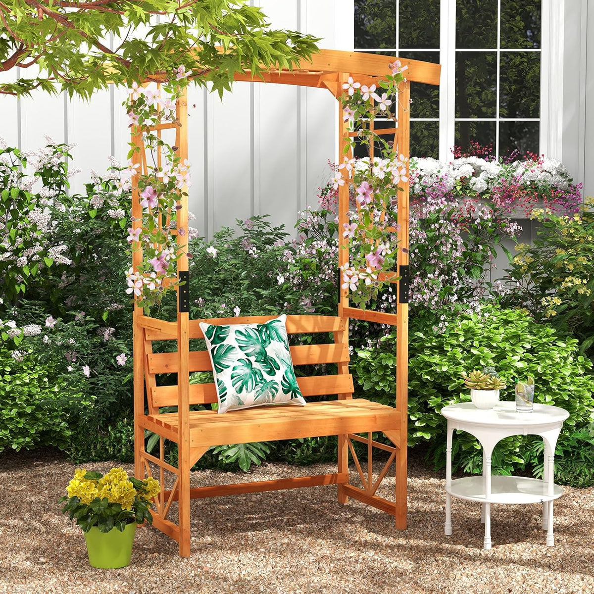 Giantex Garden Arbor with Bench - Wooden Garden Arch Trellis for Climbing Plants Vines, 2-Person