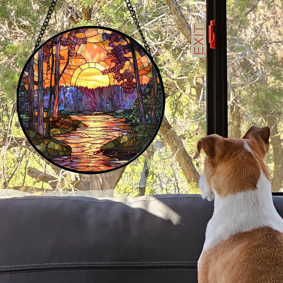 Stained Glass Window Hanging, Orange Landscape Green Purple Lake Forest Suncatcher for Doors Window