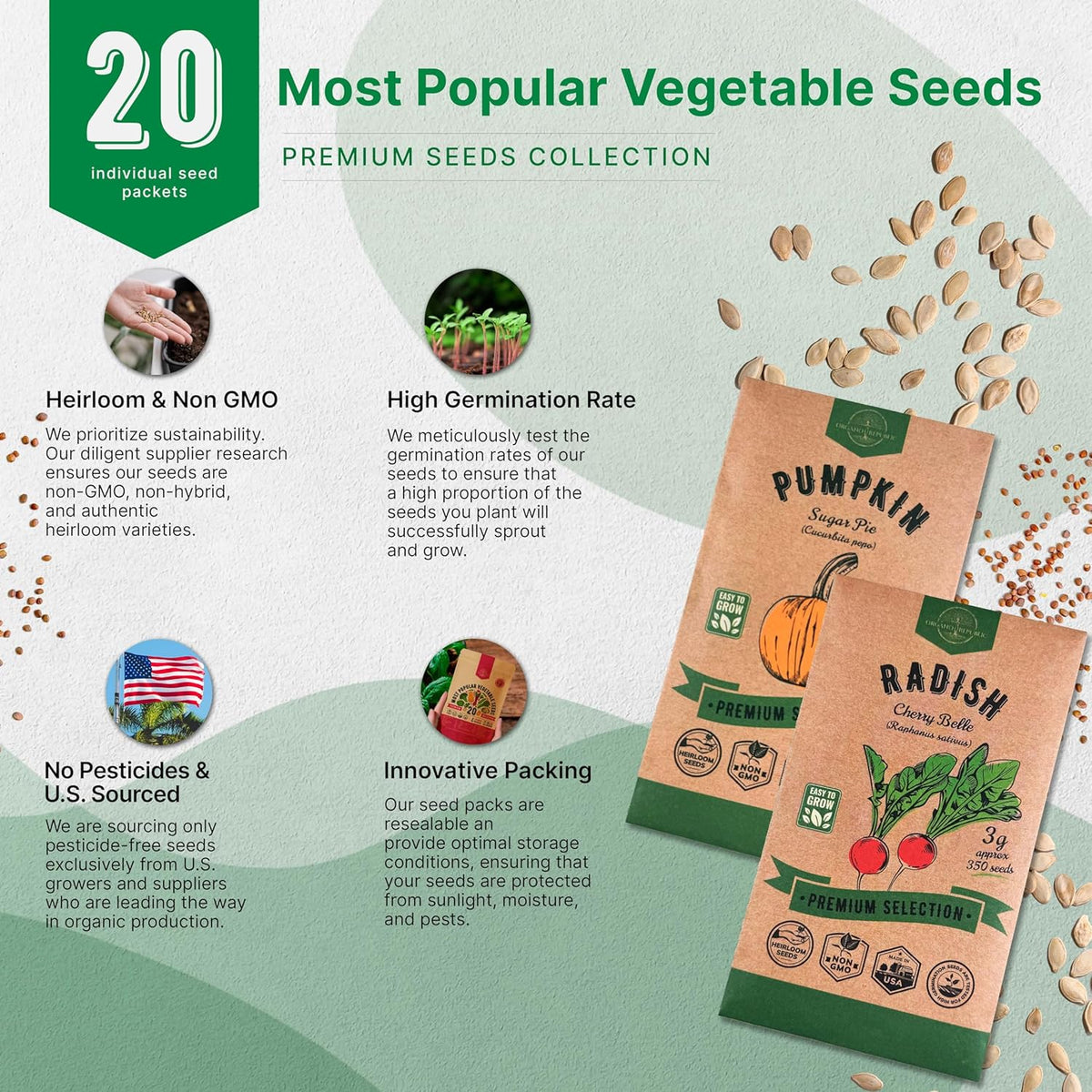 20 Vegetable Seeds Variety Pack - 12,465+ Non-GMO Heirloom Seeds for Planting Vegetables and Fruits