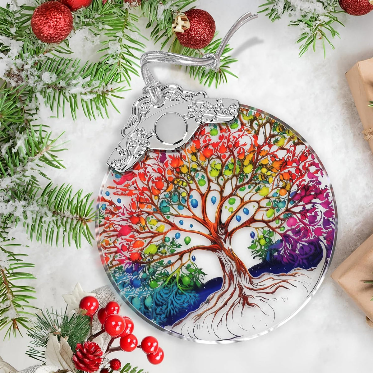 Stained Glass Tree of Life Christmas Ornament - Holiday Home Decor - Gift Exchange Present Ideas