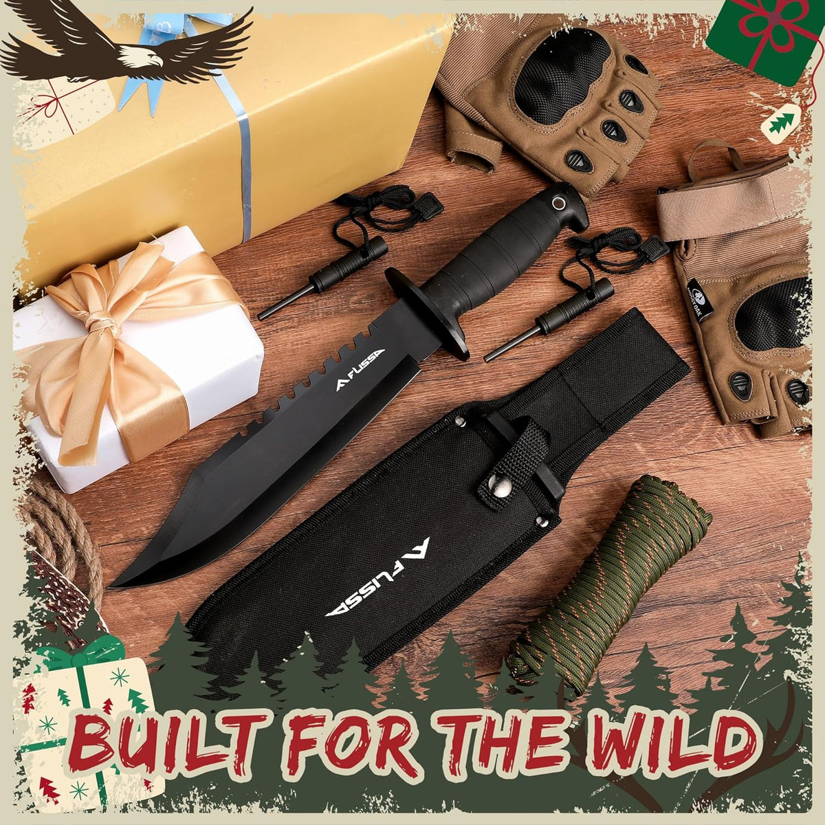 FLISSA Survival Hunting Knife with Sheath, 15-inch Full Tang Fixed Blade Tactical Bowie Knife with
