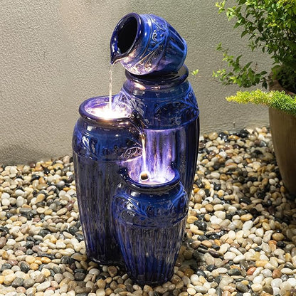 Glitzhome 27.25" H Outdoor Garden Water Fountain with LED Lights and Pump, 4 Tier Cobalt Blue