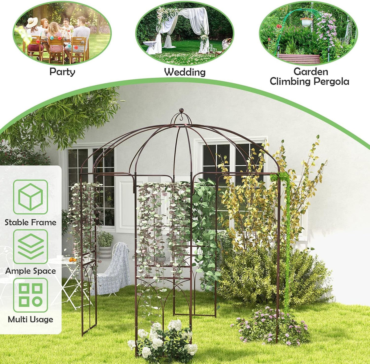 HAPPYGRILL Birdcage Shape Garden Arbor, 7 x 8.4 ft Heavy Duty Metal Garden Gazebo Pergola with