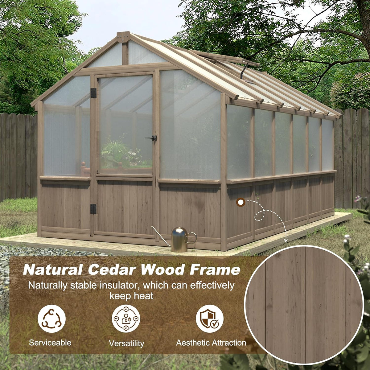 8x12 FT Greenhouse Kit with 6MM Thick Polycarbonate Panel for Outdoor, Wooden Walk-in Green House