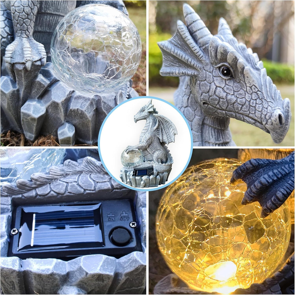 Dragon Solar Garden Statues Outdoor Decoration with Magic Orb,Dragon Figurine Solar LED Lights Lawn