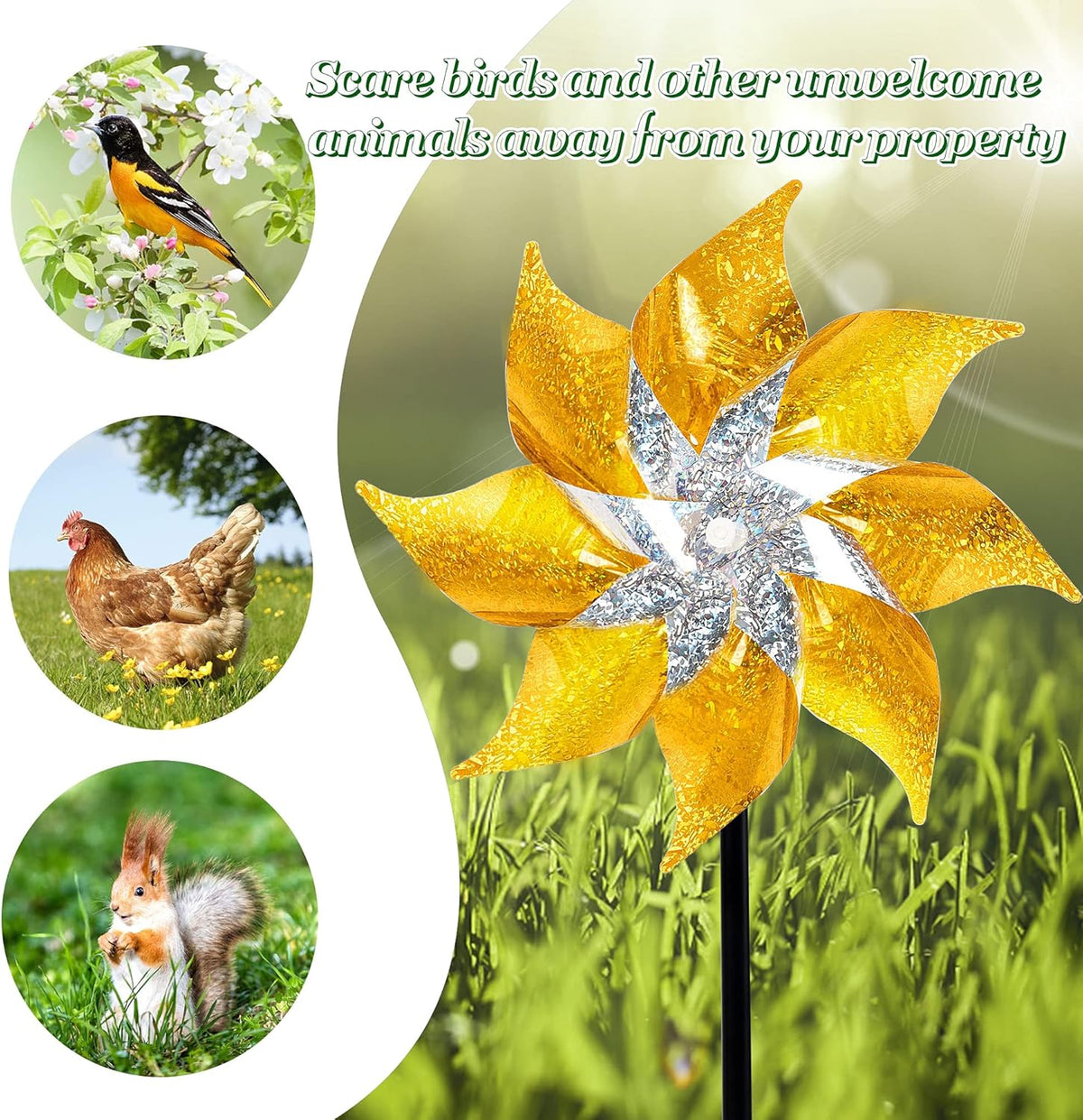 Hausse 10 Pack Reflective Pinwheels with Stakes, Extra Sparkly Pin Wheel for Garden Decor, Bird