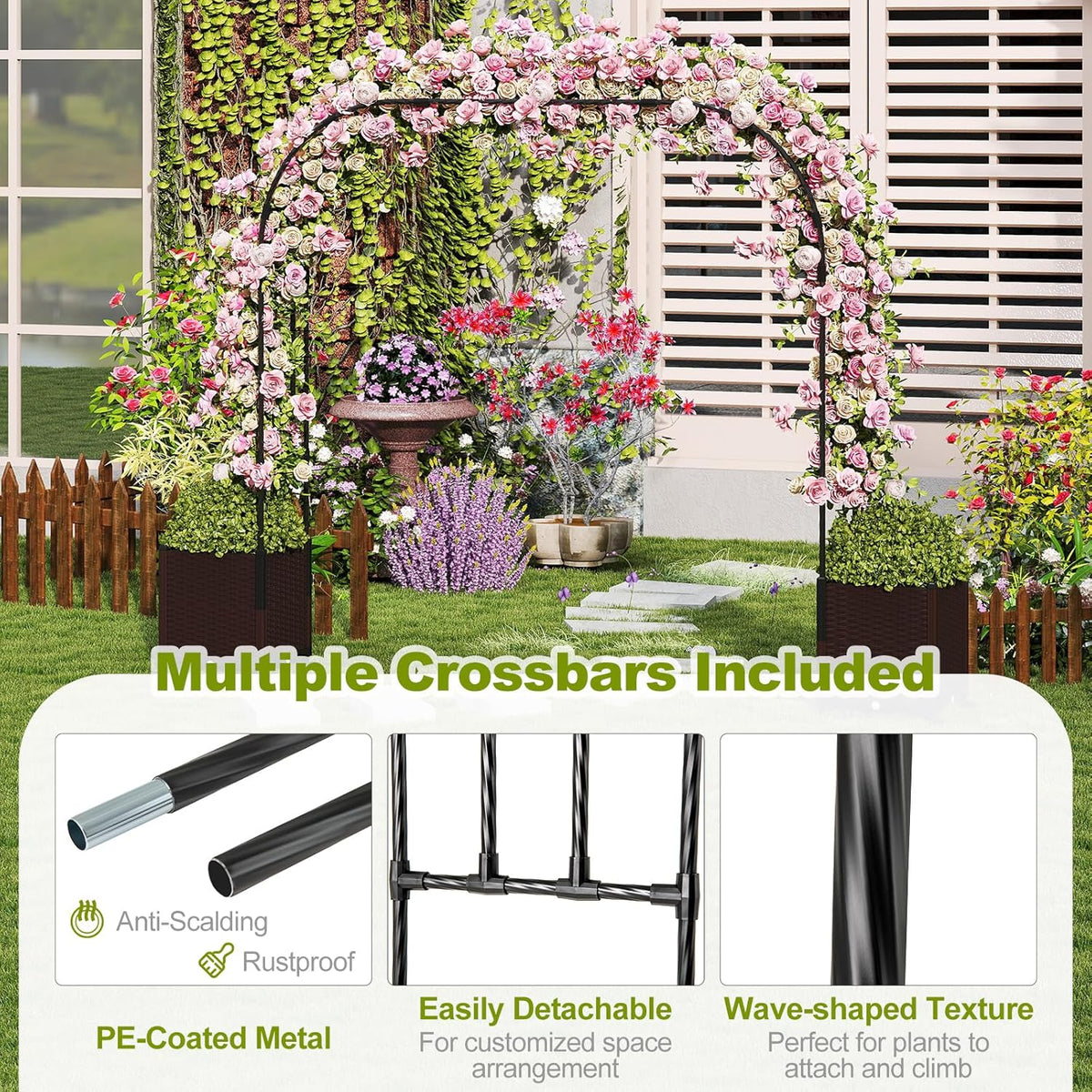 Happygrill 80" Garden Arch Trellis, Metal Archway Pergola with 2 Planter Boxes, Detachable