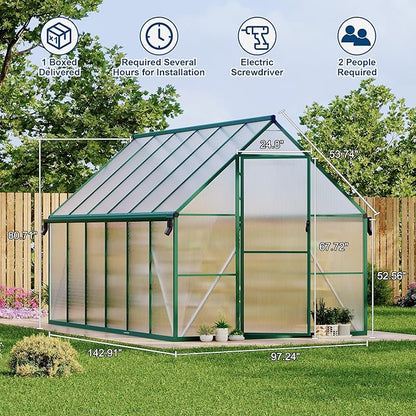 8'X12' Aluminum-Framed Polycarbonate Greenhouse, Heavy Duty Polycarbonate Greenhouse with Quick