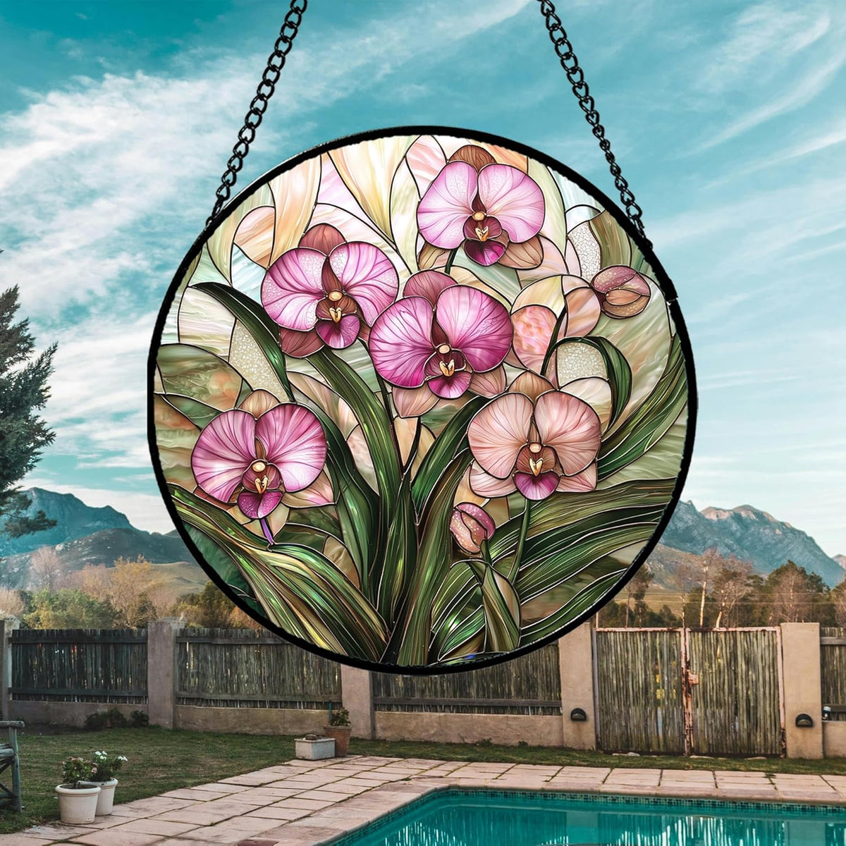 Stained Glass Window Hanging - Pink Phalaenopsis Orchid Green Leaves Sun Catcher for Door Home