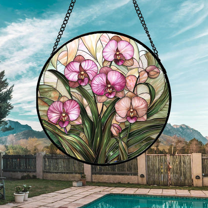 Stained Glass Window Hanging - Pink Phalaenopsis Orchid Green Leaves Sun Catcher for Door Home