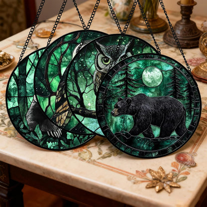 Stained Glass Window Hanging 4 Pcs Set Green Forest Night Sky Wildlife 6.3" - Suncatcher Door