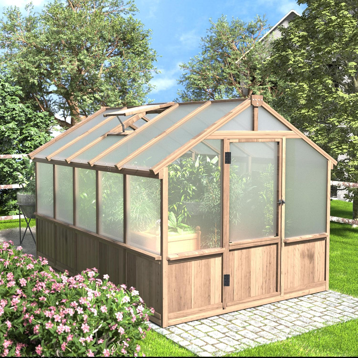 8x10 FT Greenhouse Kit with 6MM Thick Polycarbonate Panel for Outdoor, Wooden Walk-in Green House
