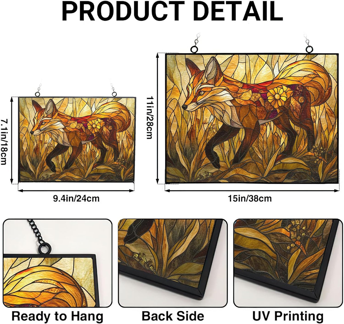Personalized Rectangle Art Nouveau Golden Grass Fox Stained Glass Window Hangings, Handcrafted