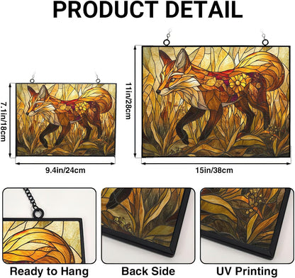 Personalized Rectangle Art Nouveau Golden Grass Fox Stained Glass Window Hangings, Handcrafted